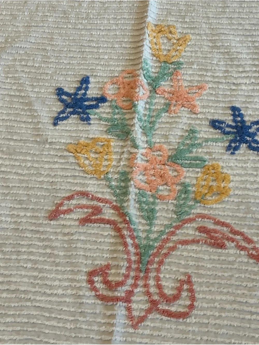 Cream Chenille Bedspread with Pastel Floral Motif